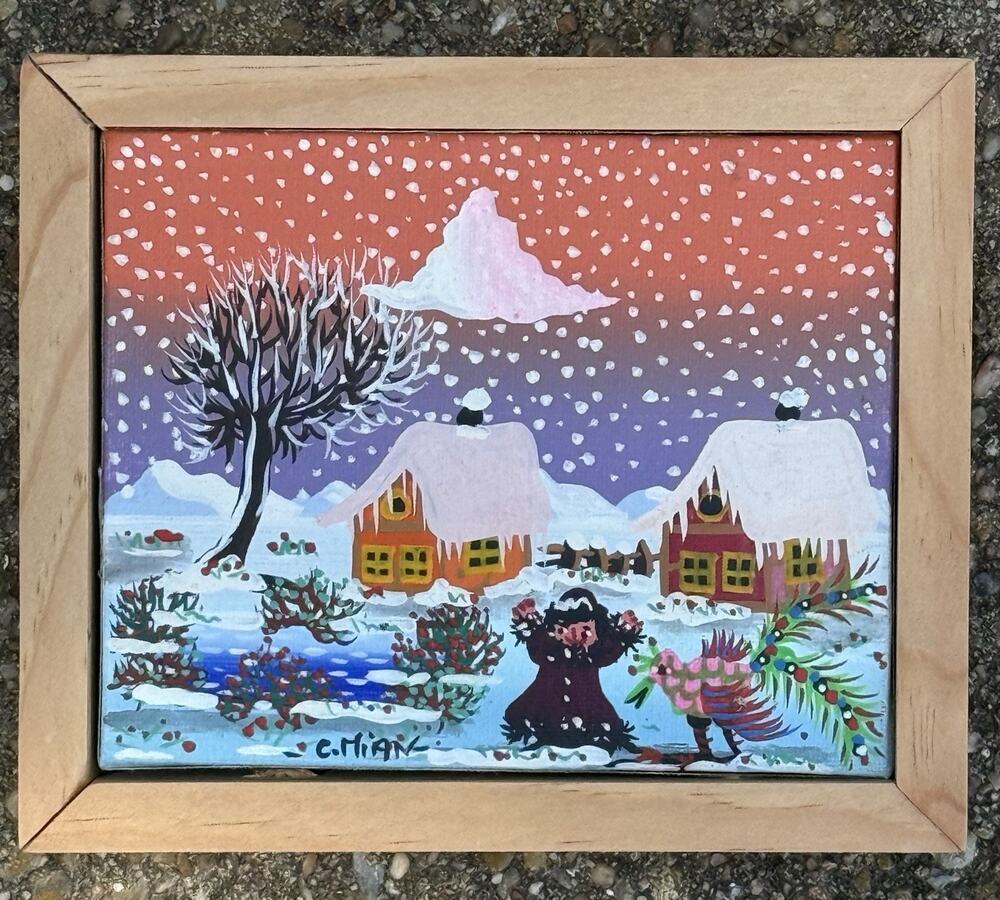 Signed Original Folk Art Painting in Frame - Charming Snowy Village